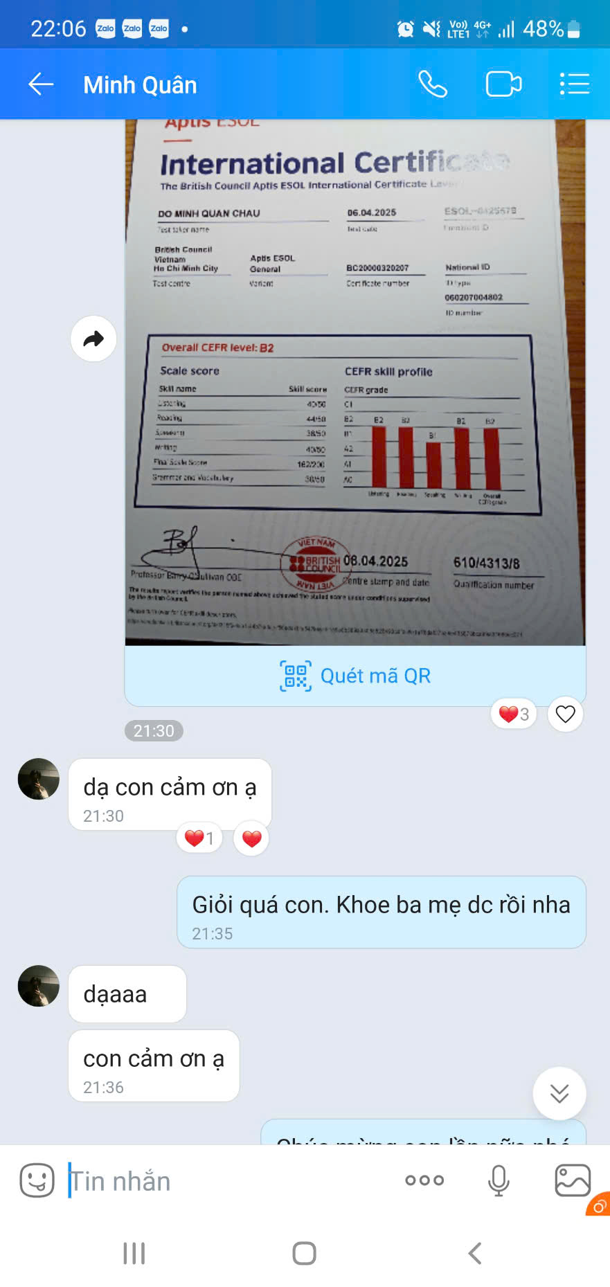 Tin nhắn học viên Minh Quân