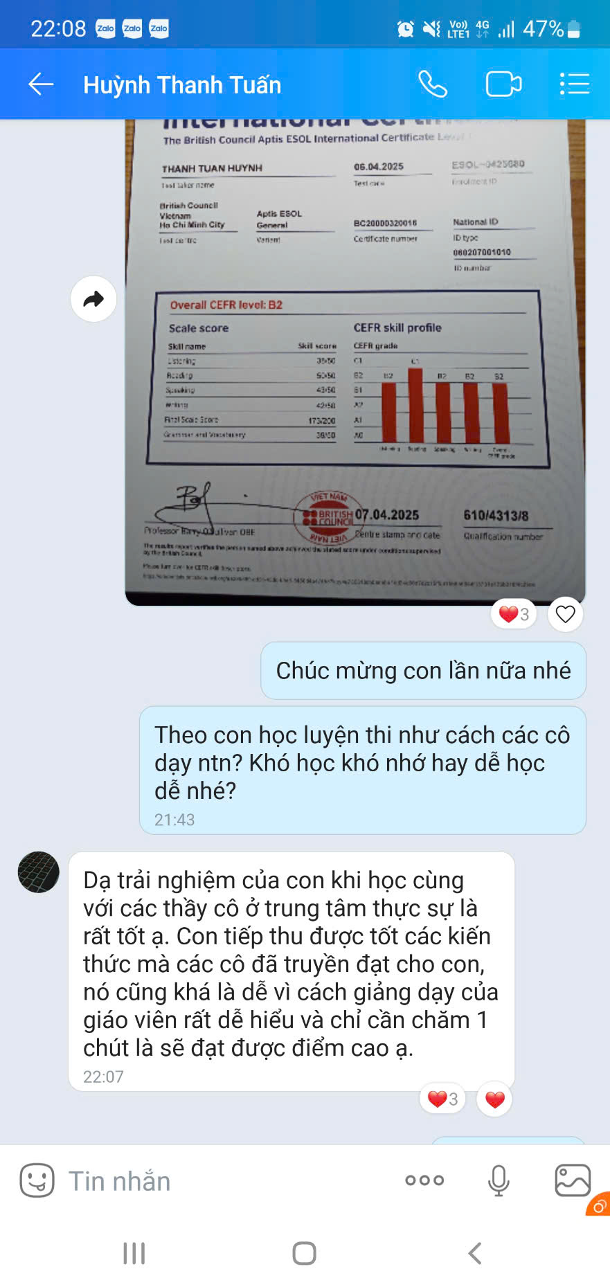 Tin nhắn học viên Huỳnh Thanh Tuấn